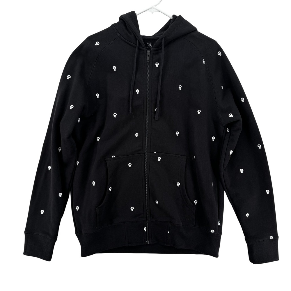 Stussy Skull Hoodie Mens Large Black Full Zip Sweatshirt Embroidered AOP NWT VTG